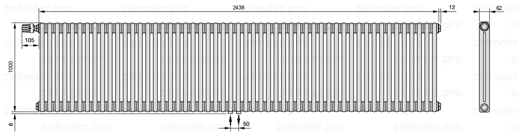 Схема (чертеж) Радиатор Zehnder Charleston 2100/53 №V007 Белый глянцевый RAL 9016